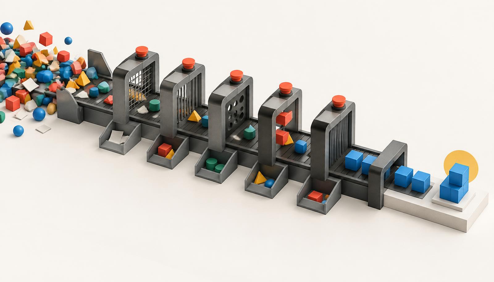 Five control gates sorting a chaotic stream of tasks into dependable business outputs