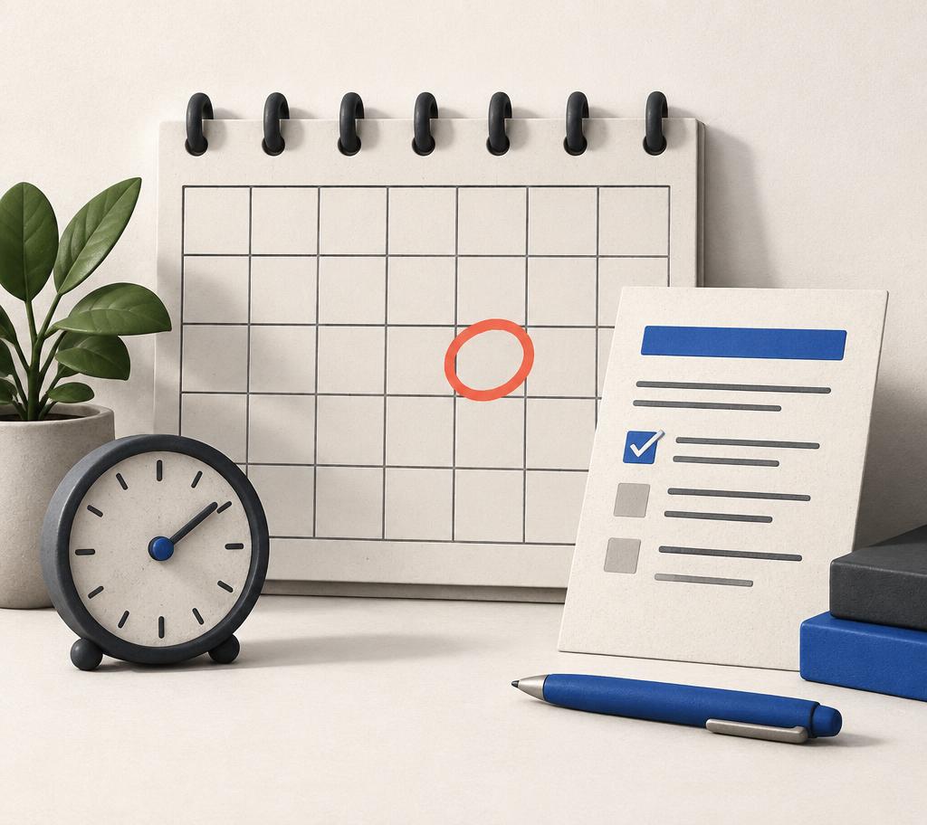 A desk calendar with a circled deadline beside a checklist form, clock, and pen