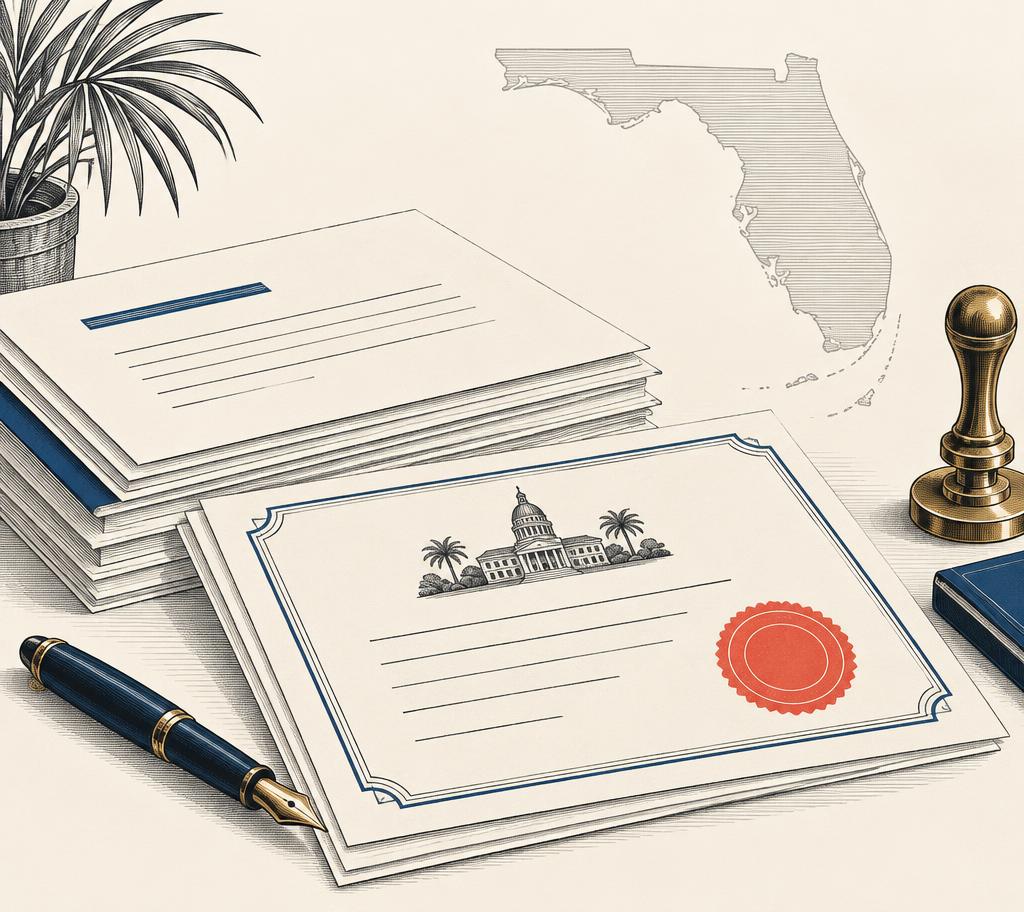 Florida business formation documents with a stamped certificate, fountain pen, and brass seal